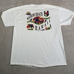 VTG‎ Waikiki Beach Hawaii Shirt Mens Large White Graphic Double Sided Crewneck